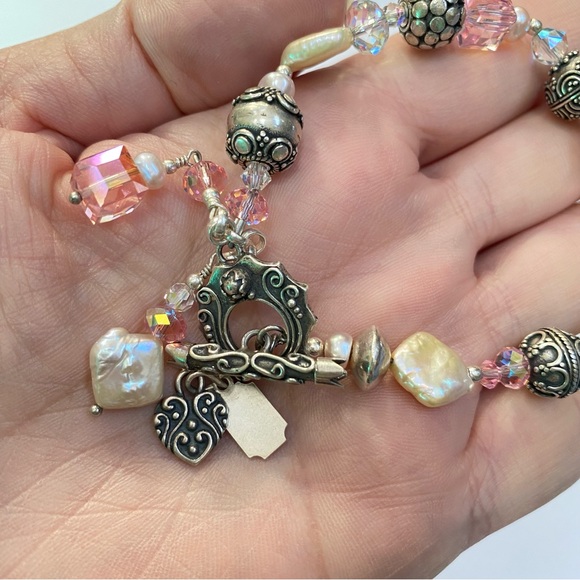 Tres Jolie Pale Pink Crystal Pearl Sterling Silver Bali Beads Toggle Bracelet - Picture 7 of 12